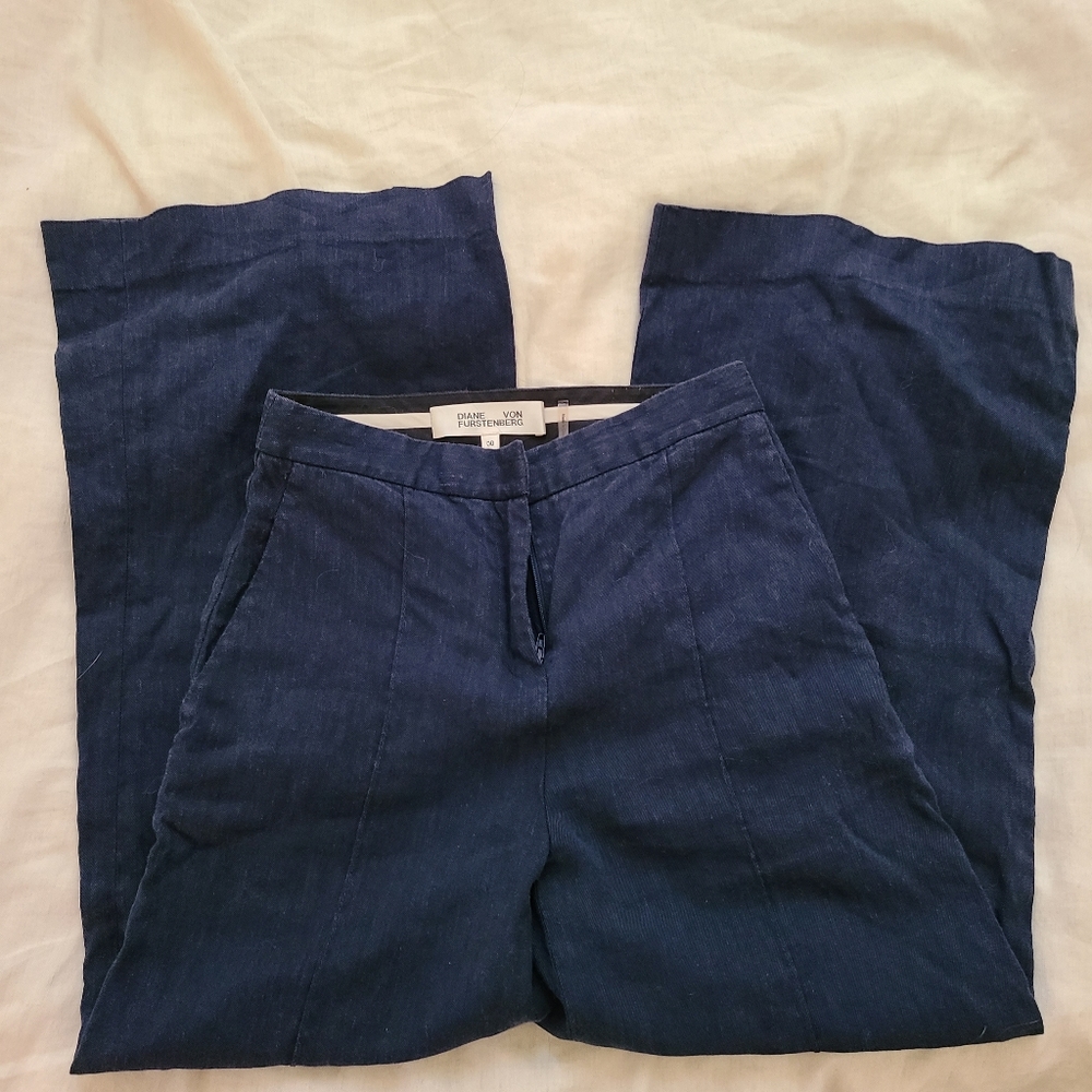 DVF Wide Leg Cropped Linen Pants Size 00 in Navy